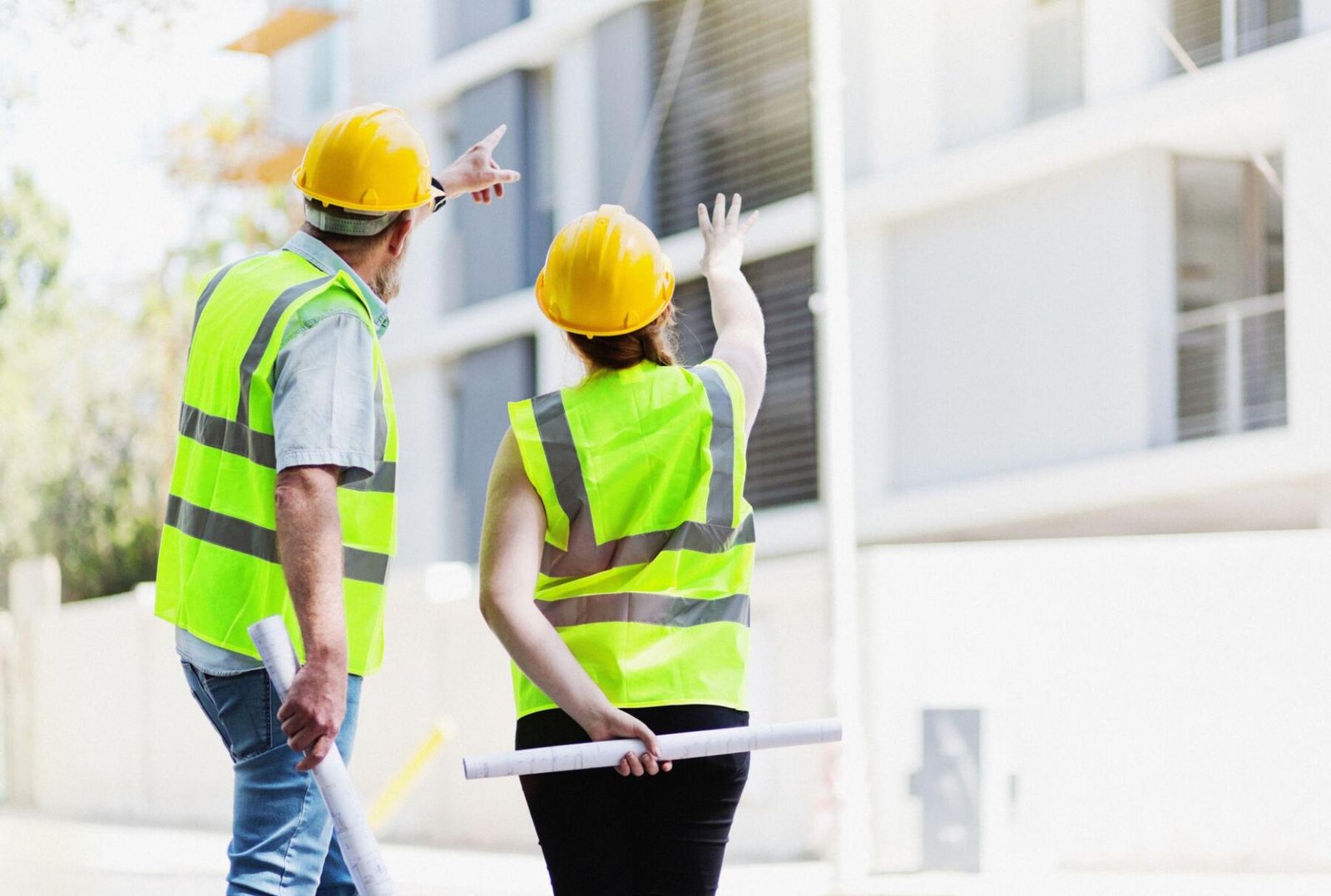 Two members of the Parsons team reviewing plans on site