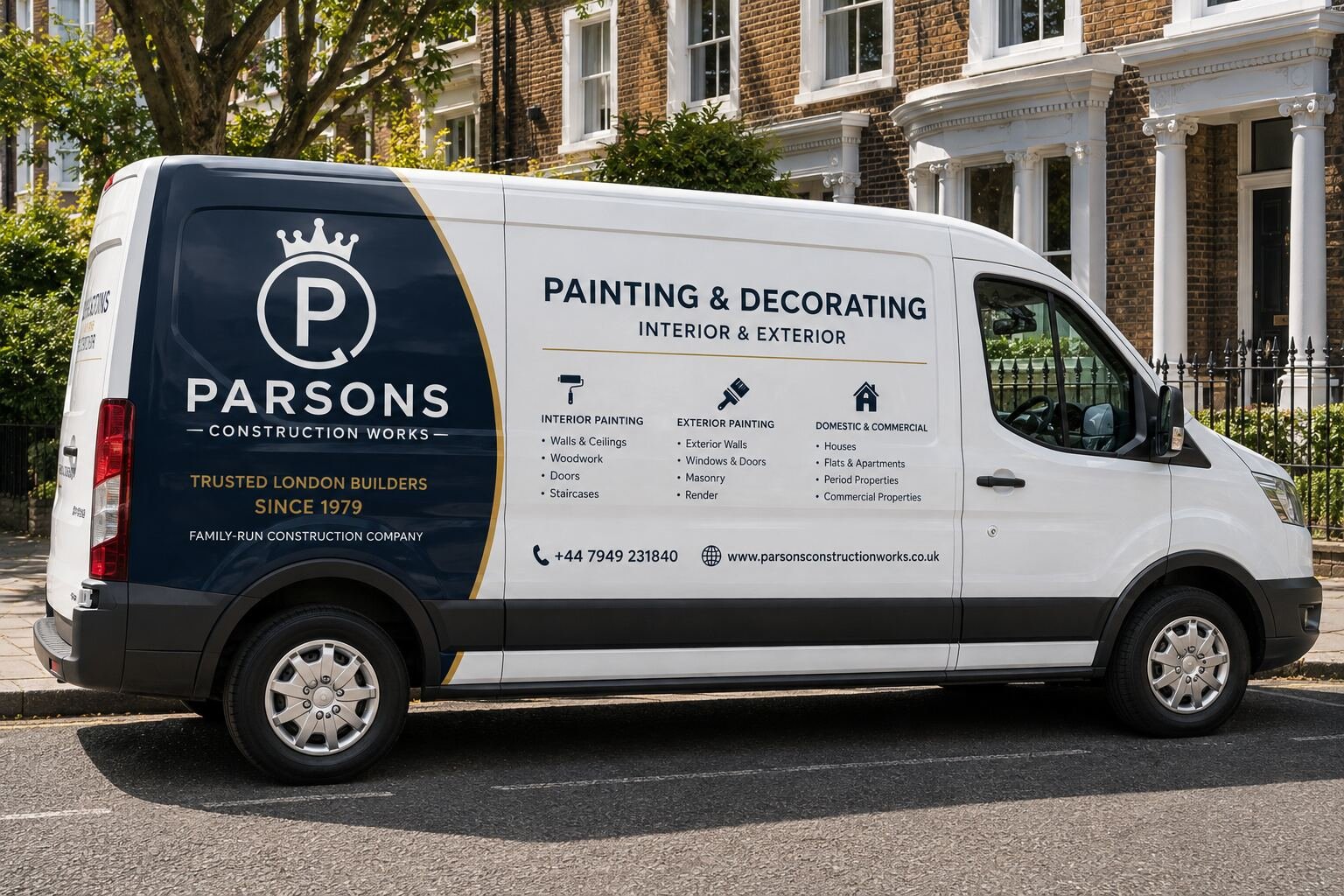 Parsons Construction Works branded company vehicle parked on a London street