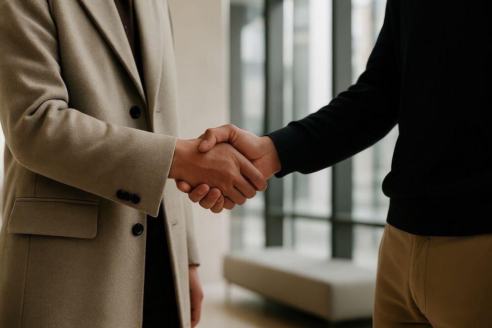 Two people shaking hands, sealing a professional agreement